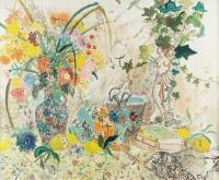 Flowers with Art Nouveau vase and books