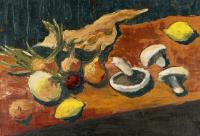 Stillleben mit Champignons, Zwiebeln und Zitronen