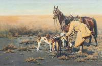 Kosakenreiter mit seinen Hunden