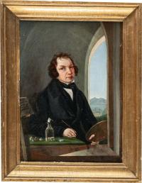 Maler mit Pinsel und Palette vor Fenster mit Landschaftsausblick (Freundesbild)