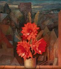 Fensterbrett mit rot blühendem Kaktus vor Dachlandschaft