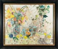 Flowers with Art Nouveau vase and books