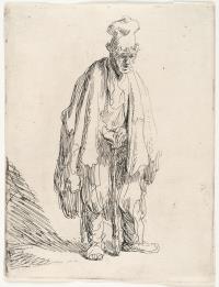Stehender Bettler mit Mütze und Stock