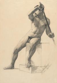 Sitzender Männerakt mit Stab