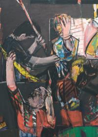 Colourful Figures with a Black Dog