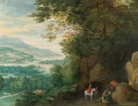 Gebirgslandschaft mit rastenden Reisenden