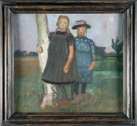Two girls standing by a birch trunk