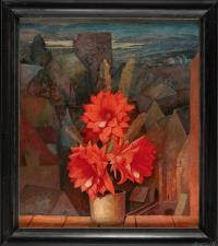 Fensterbrett mit rot blühendem Kaktus vor Dachlandschaft