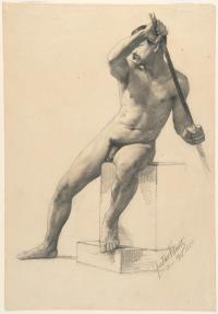 Sitzender Männerakt mit Stab