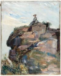 Rocks at Neukastel with a small seated figure (Nini)