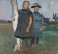 Two girls standing by a birch trunk