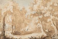 Bewaldete Landschaft mit Jäger und Hund