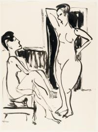 Sitzende und stehende nackte Frau