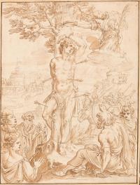 Das Martyrium des hl. Sebastian mit einer Phantasieansicht der Engelsburg im Hintergrund