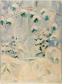 Schneelandschaft mit roter Brücke