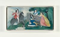 Jeunes filles et cavalière dans un parc