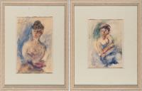 2 sheets: Seated woman in a blue dress – portrait of a lady