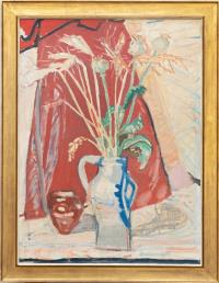 Still life with ears of corn and poppy capsules in a jug