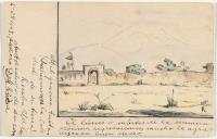 Postcard depicting a landscape with the Popocatépetl volcano in the background