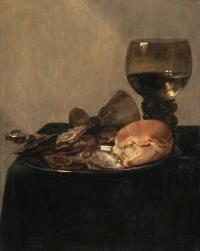 Stillleben mit Kelch, Brot und Austern