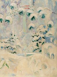 Schneelandschaft mit roter Brücke