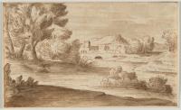 Baumstudie – Italienische Flusslandschaft mit einer Stadt in der Ferne  (recto-verso)