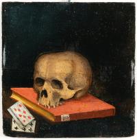 Vanitas-Stillleben mit Schädel, Buch und Spielkarten