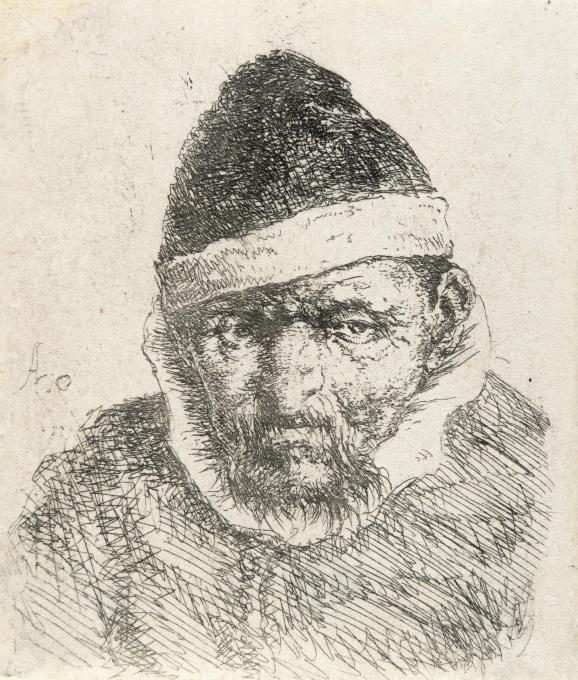 Büste eines mürrischen Alten mit spitzer Mütze