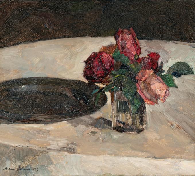 Stillleben mit Rosenstrauß und einem Zinnteller