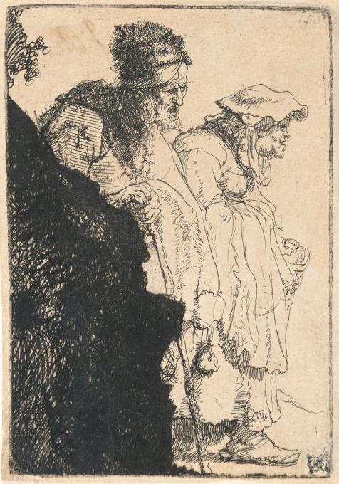Bettler und Bettlerin hinter einer Böschung