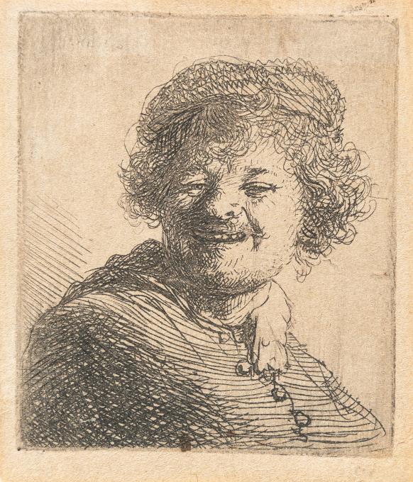 Selbstbildnis mit Mütze, lachend