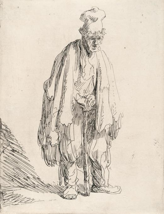 Stehender Bettler mit Mütze und Stock