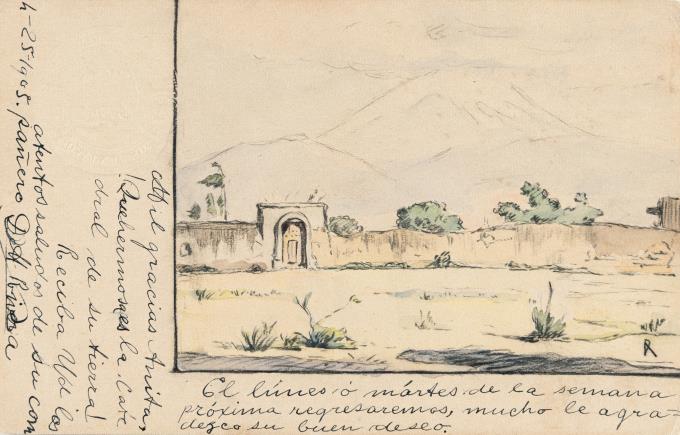 Postcard depicting a landscape with the Popocatépetl volcano in the background