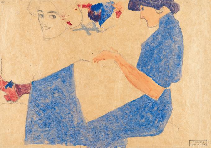 Front: Seated lady in profile facing left, in a blue dress – On the reverse: Female half-nude (hand, abdomen and thigh)