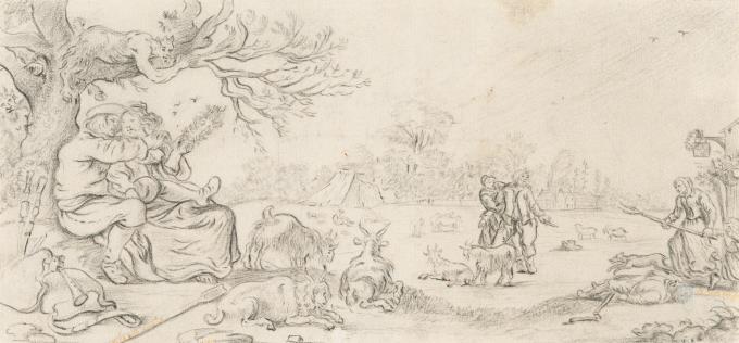 Dorfplatz mit Liebespaar, belauscht von einem Faun