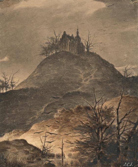 Abendliche Landschaft mit entlaubten Bäumen und Schlösschen auf einer Bergkuppe