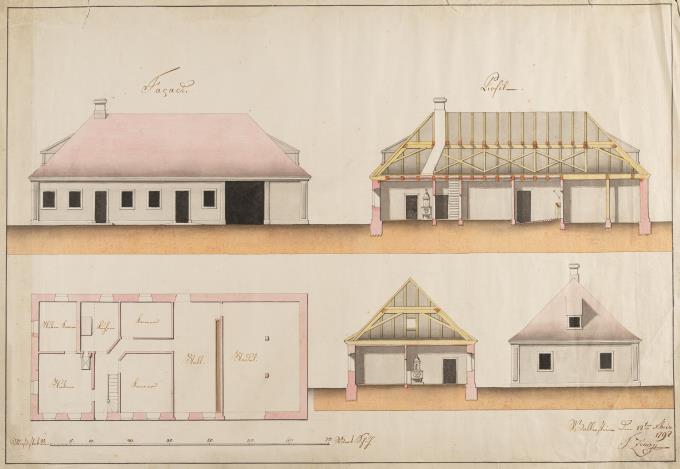 2 Bll.: Bauernhäuser (Fassadenaufriss, Grundriss, Quer- und Längsschnitt einer aus Bauernhaus, Viehhaus und Stadel bestehenden Anlage)