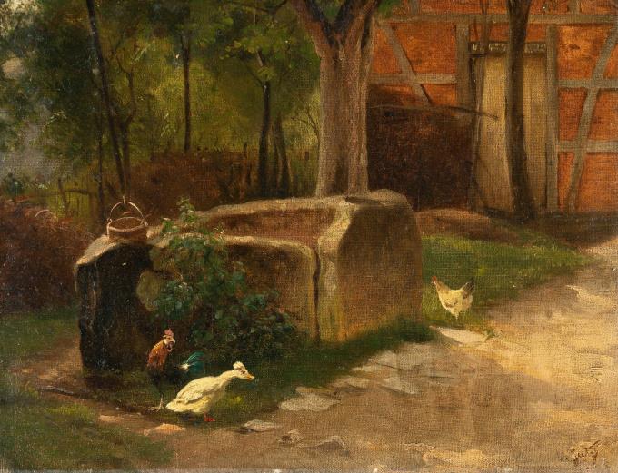 Hühner und Gänse am Brunnen