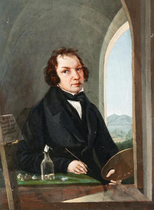 Maler mit Pinsel und Palette vor Fenster mit Landschaftsausblick (Freundesbild)
