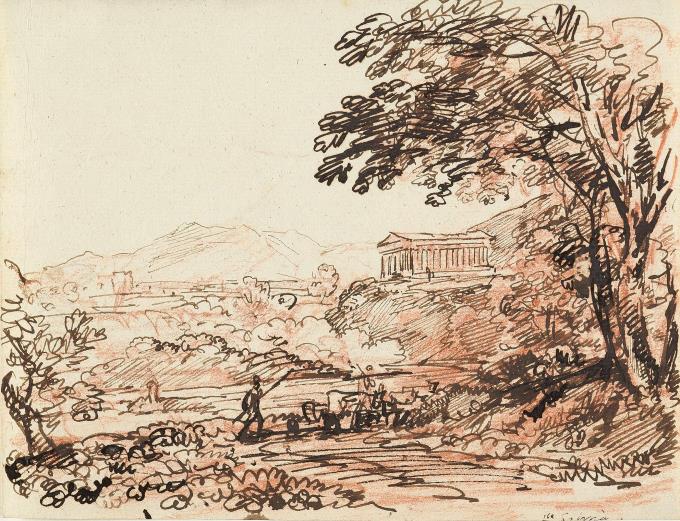 Landschaft mit Tempel und Blick auf die Sabiner Berge