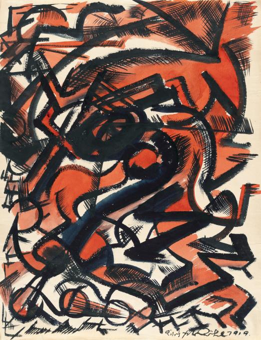 Untitled (Rhythmic-linear composition in black and red) - Ohne Titel (Rhythmisch-lineare Komposition in Schwarz und Rot)