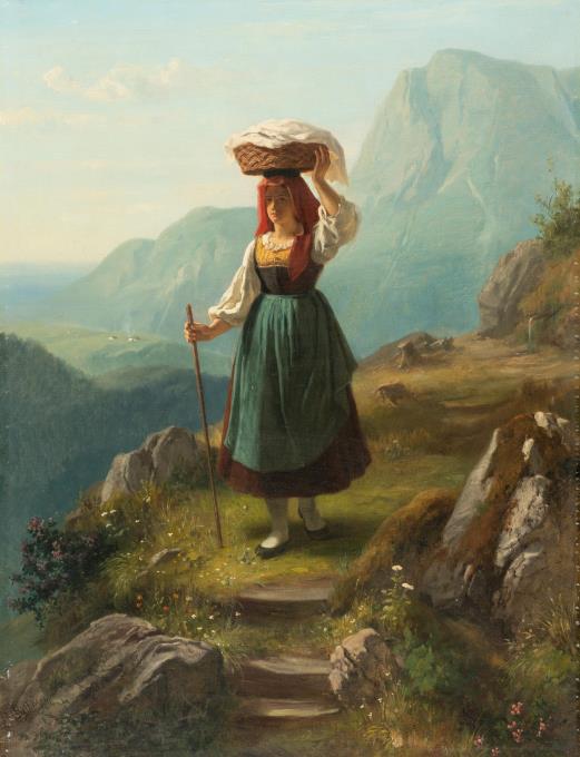 Junge Bäuerin mit Korb auf einem Gebirgspfad