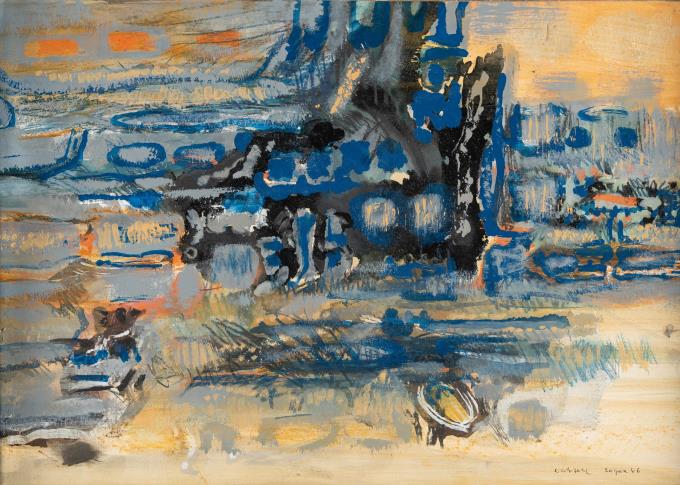 Ohne Titel (Komposition königsblau, schwarz und ocker)