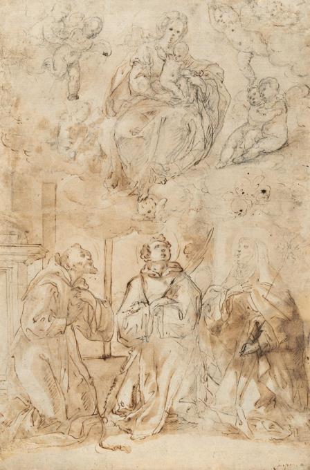 Maria mit dem segnenden Christuskind auf Wolken thronend, angebetet von drei Heiligen