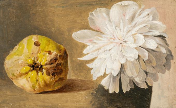 Stillleben mit Quitte und weißer Dahlienblüte