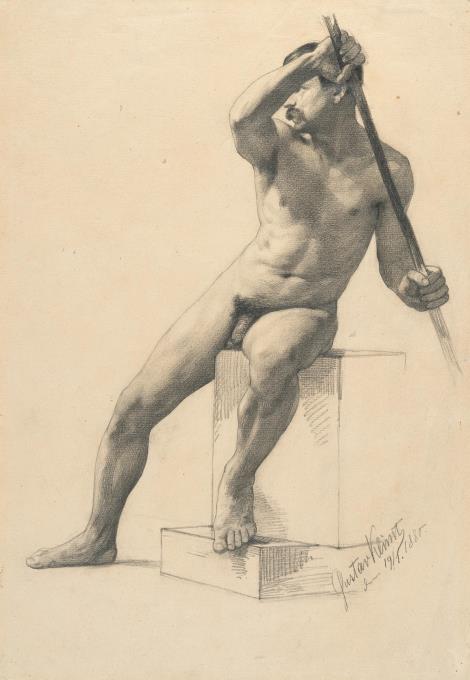 Sitzender Männerakt mit Stab