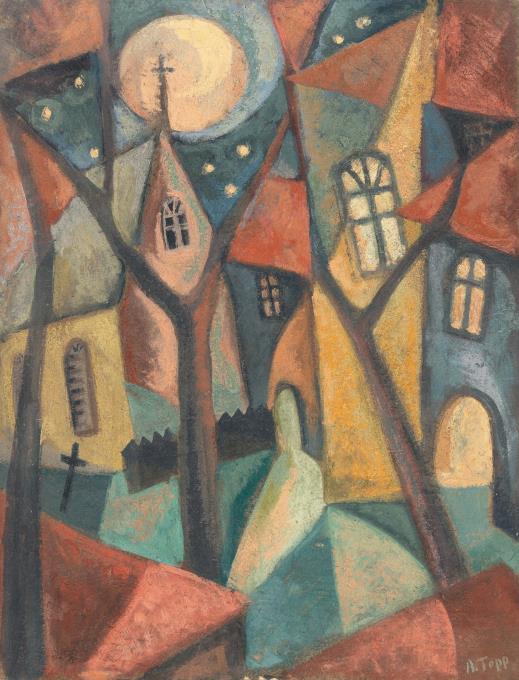 Nocturnal cityscape with church and cemetery