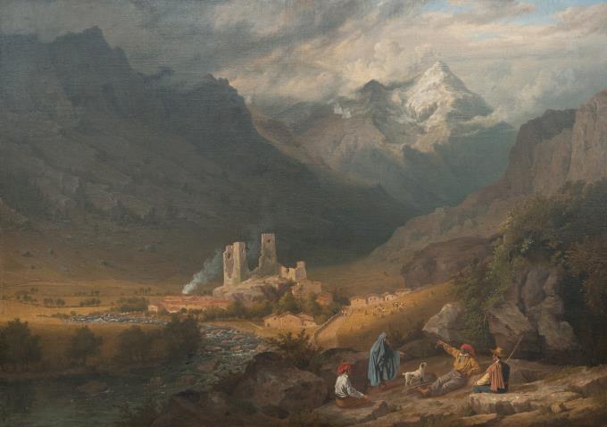 Gebirgslandschaft mit Burgruine