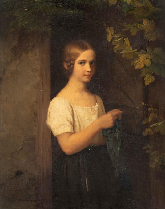 Strickendes Mädchen vor der Haustür