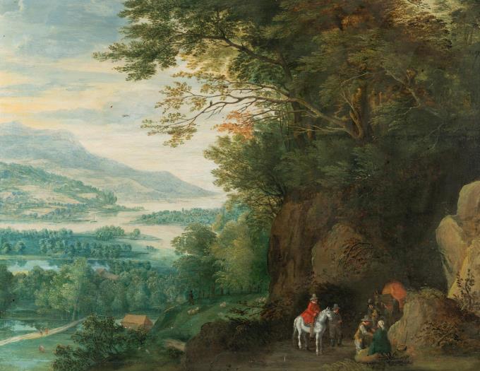 Gebirgslandschaft mit rastenden Reisenden